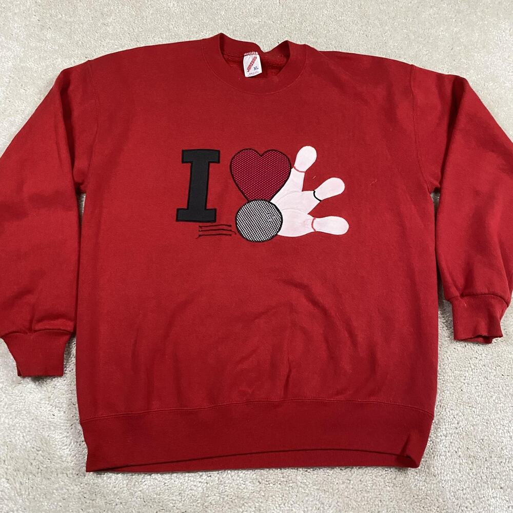VTG Bowling Sweatshirt Mens XL Red Jerseys Graphic Crewneck USA 90s Grandpa